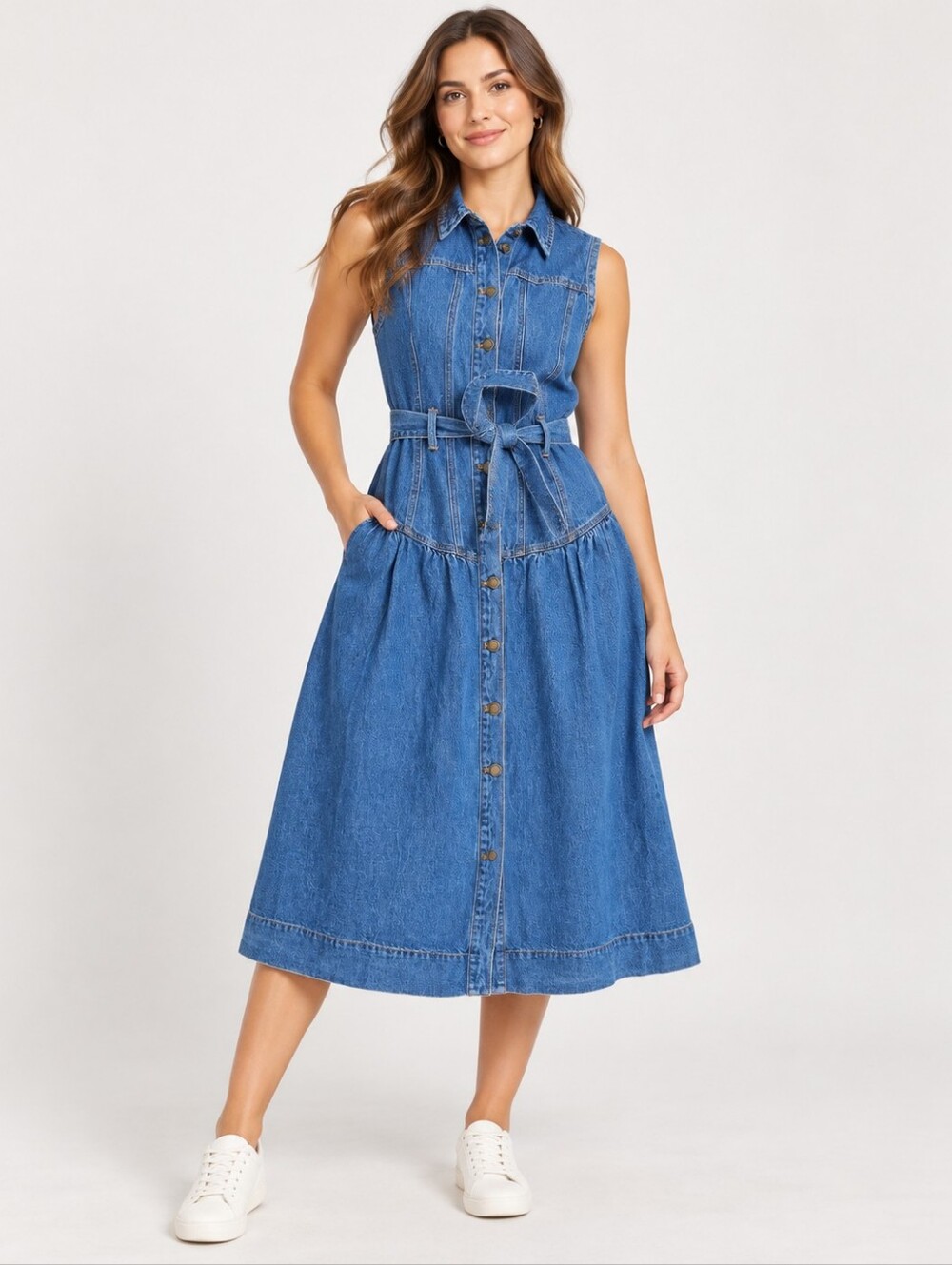 Universal Thread Sleeveless Blue Denim Button-Front Midi Dress with Tie Waist